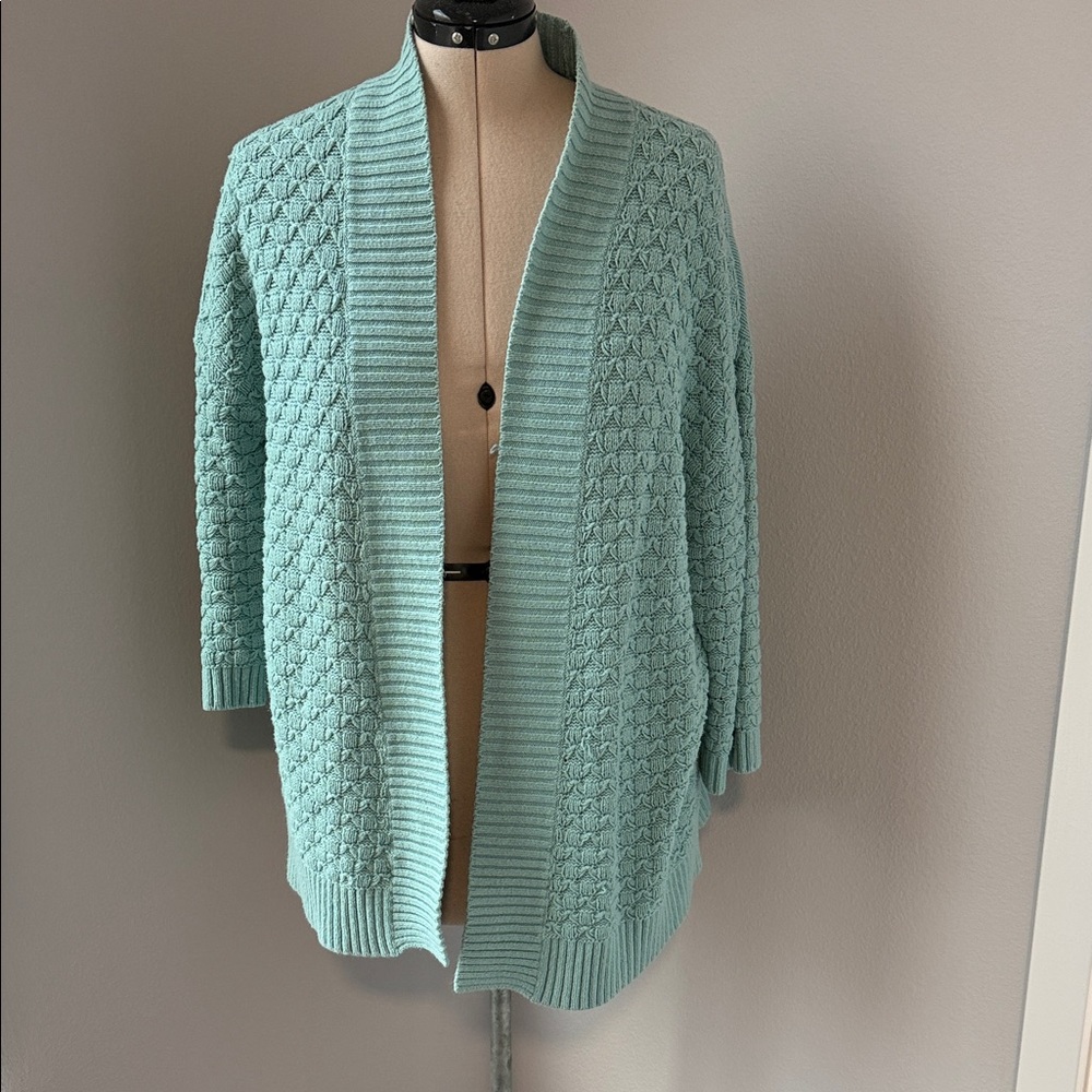 LOFT Mint Green Open-Front Textured Knit Cardigan 3/4 Sleeve